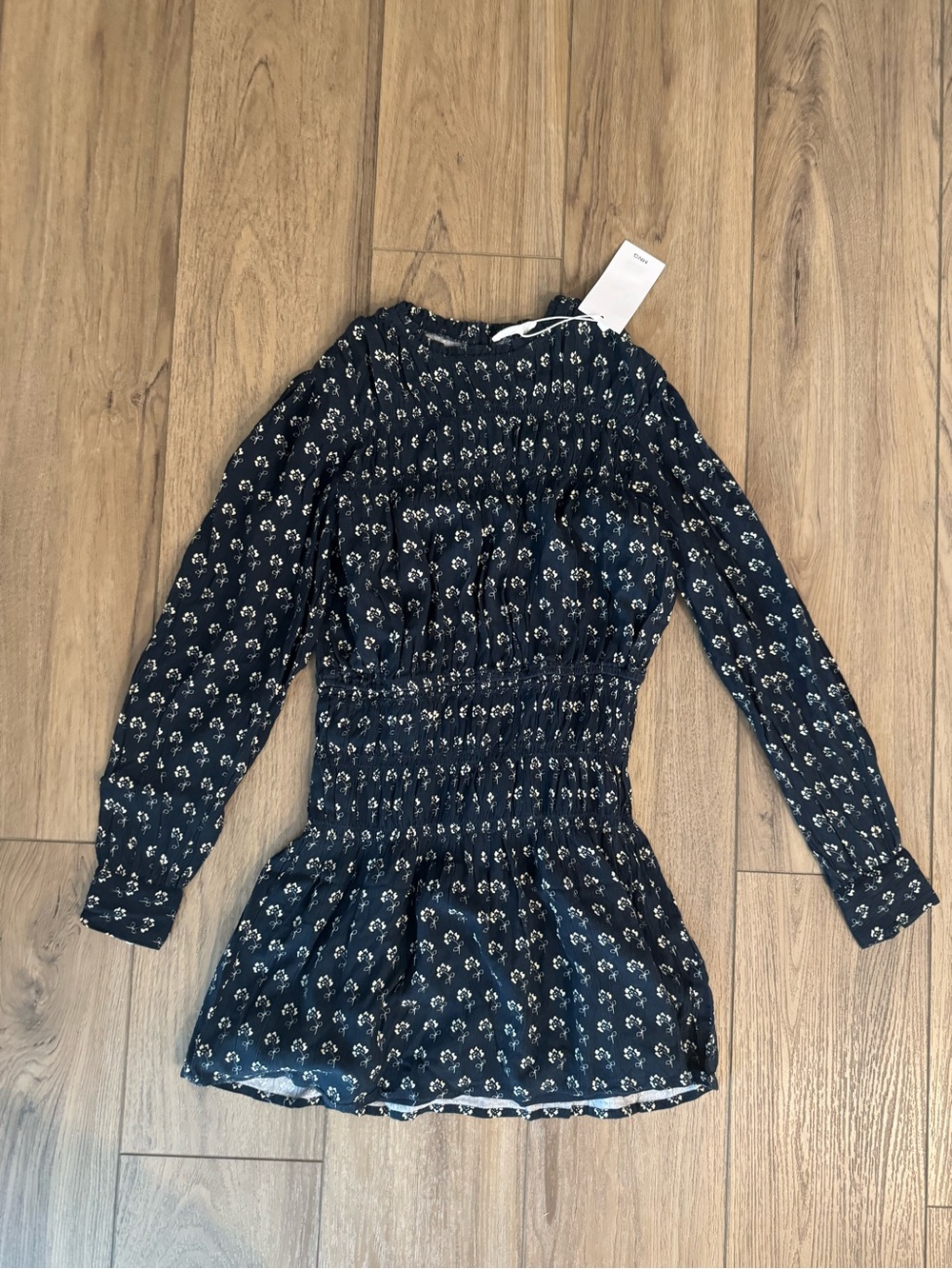 MANGO Girls' Navy Floral Long-Sleeve Smocked Dress size 10 NWT
